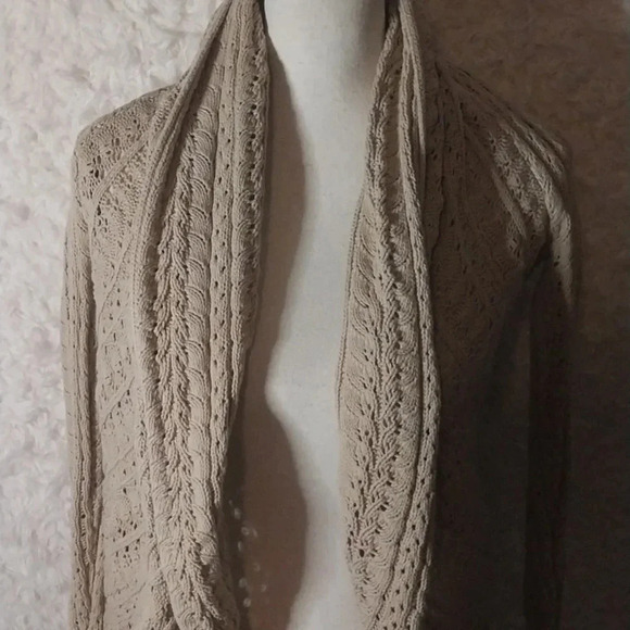Cynthia Rowley Open Cable Knit Sweater Shawl Collar Beige Size M Bohemian Boho - Picture 3 of 7